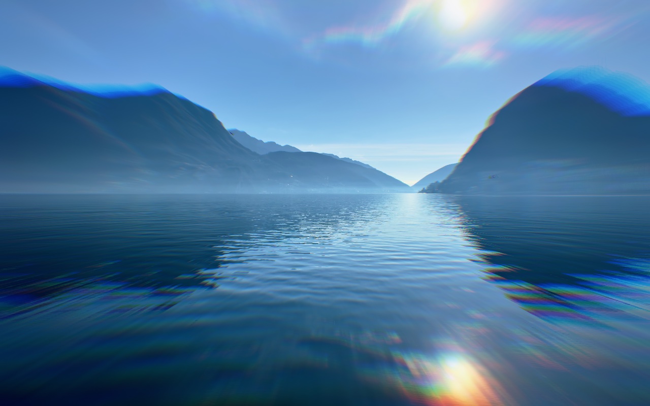 Alpine lake photo through the Prism effect: rainbow fringes bloom at the edges of the frame.