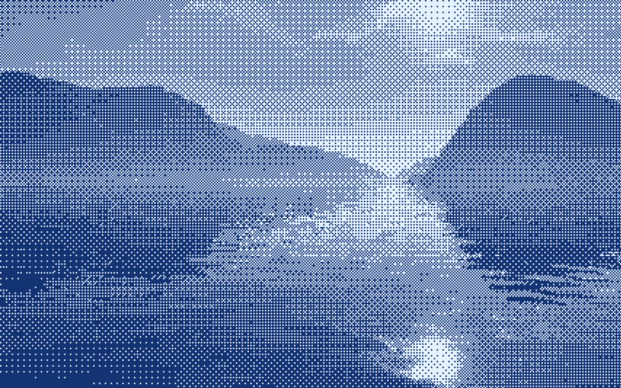Alpine lake photo dithered into an indigo cyanotype pattern of pixels.