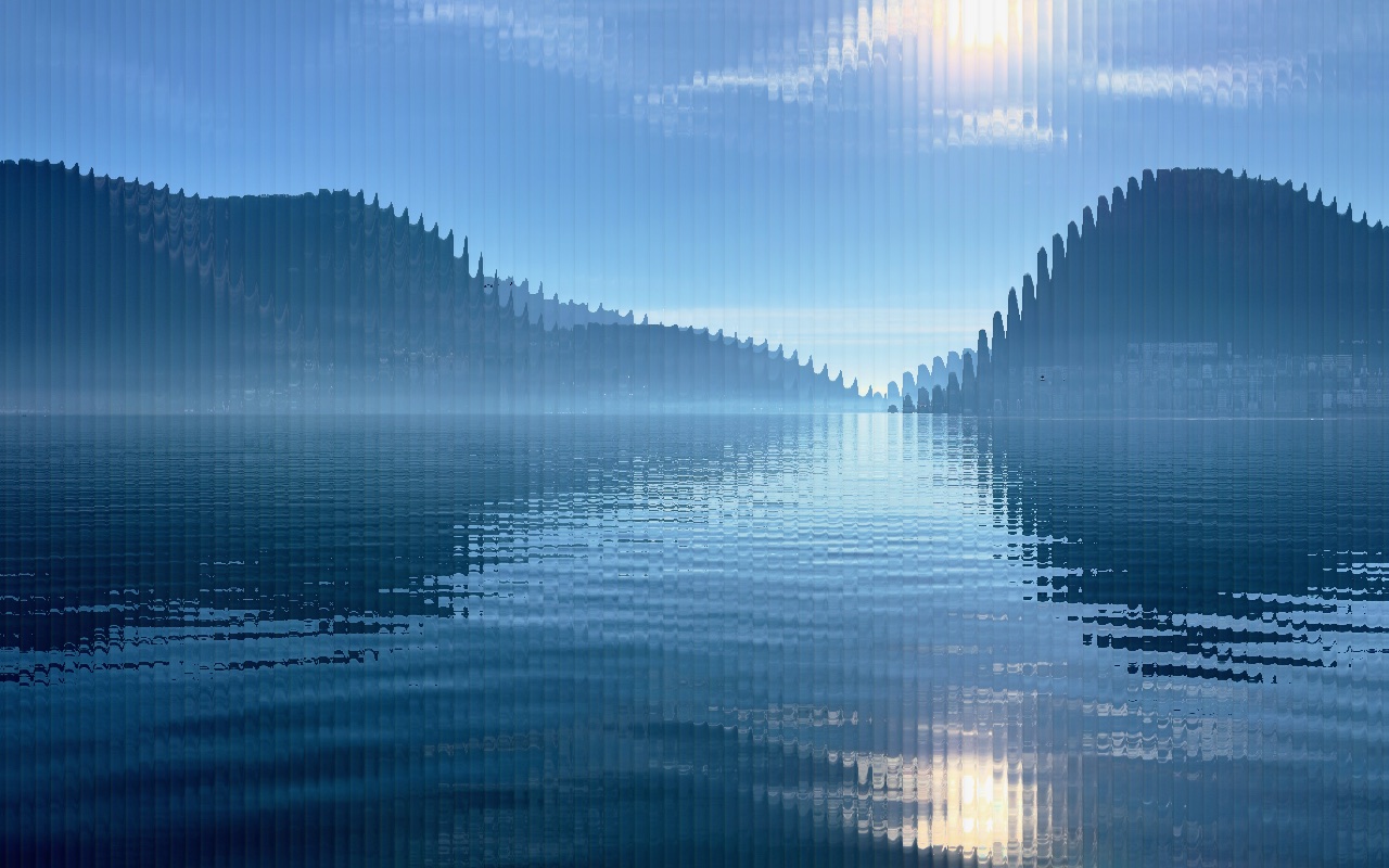 The same lake photo rendered with Facet's Reeded Glass effect.