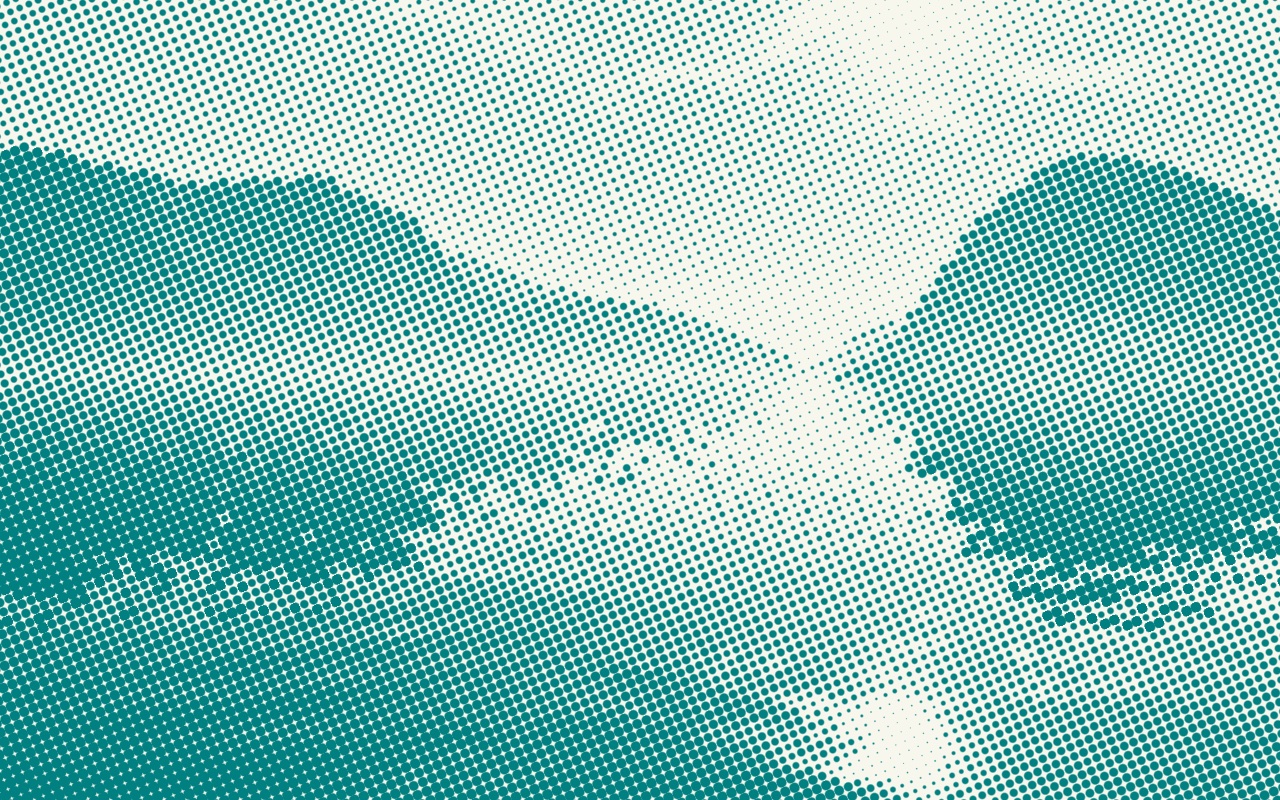 Alpine lake photo as a teal halftone print made of dots.