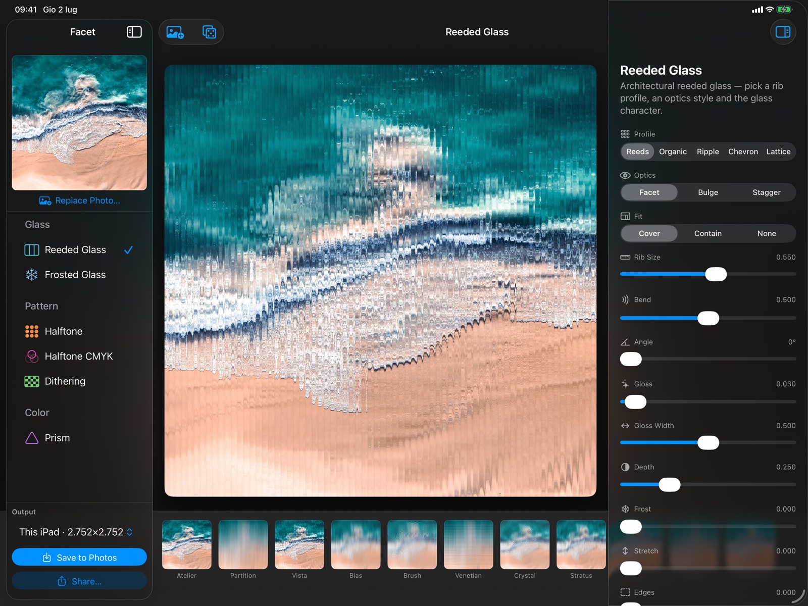 Facet on iPad Pro showing the Reeded Glass effect with the full parameter inspector.