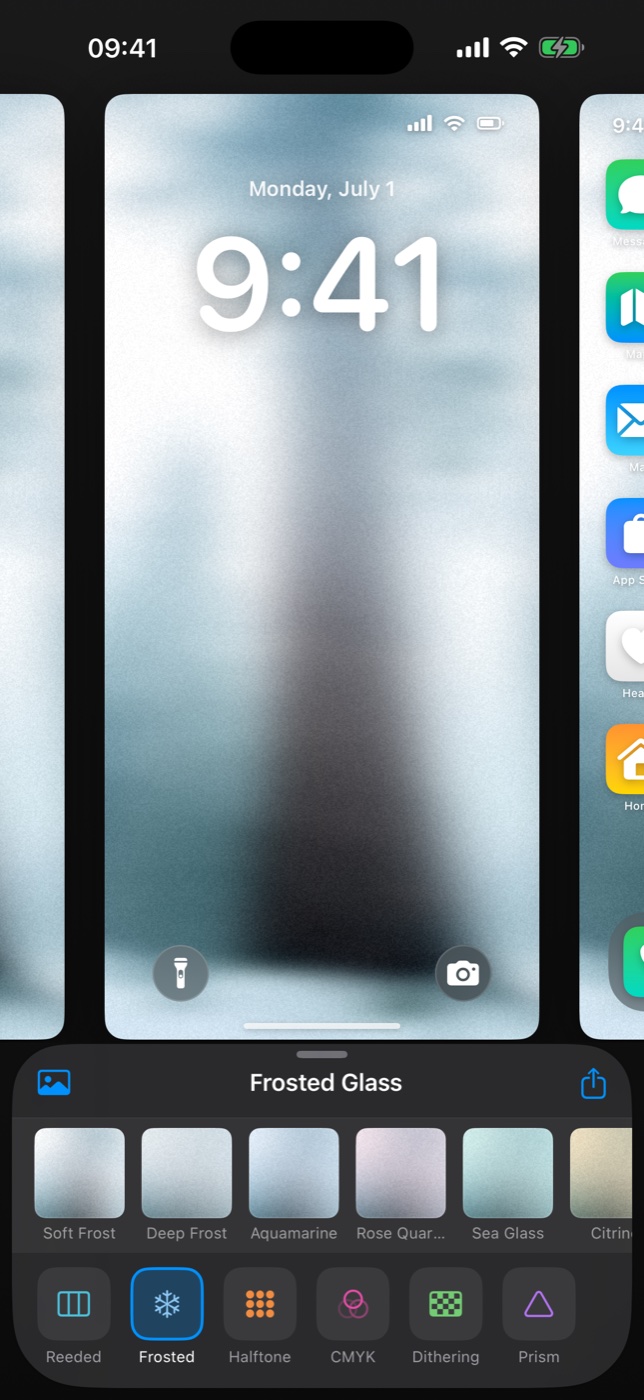 An iPhone lock screen with a frosted-glass wallpaper made in Facet.