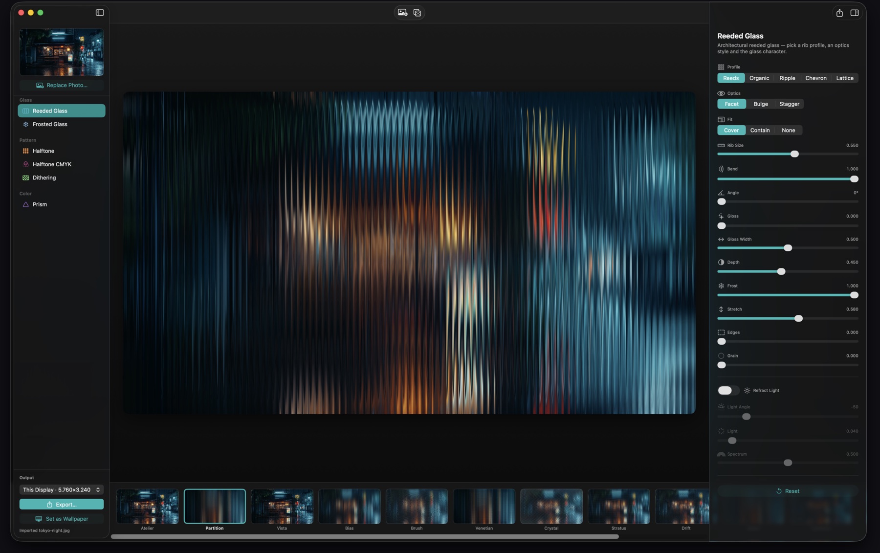 Facet on macOS with the parameter inspector open next to a Tokyo night photo in Reeded Glass.